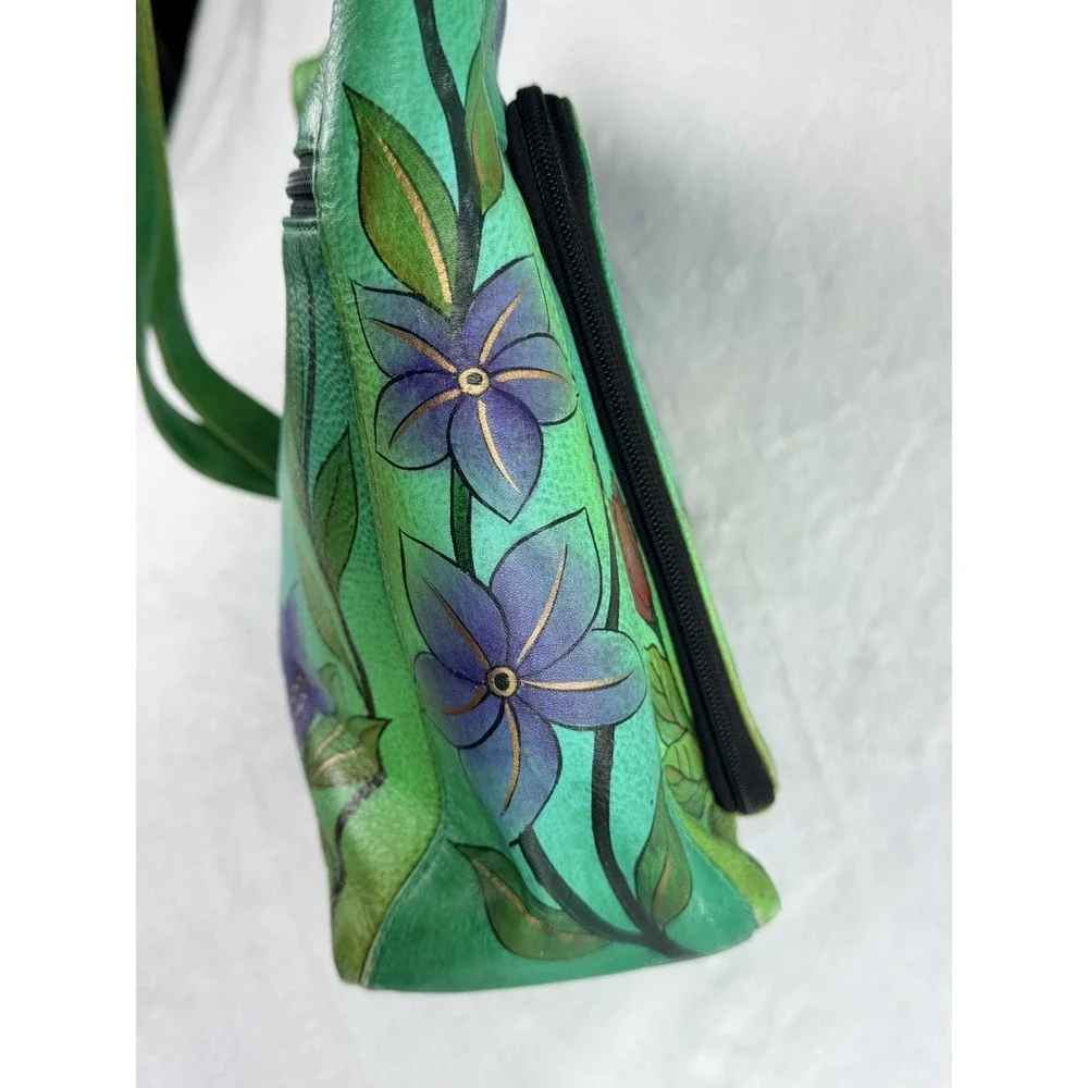 Anuschka‎ Hand Painted Green Leather Handbag Purse Birds Floral Organizer Art